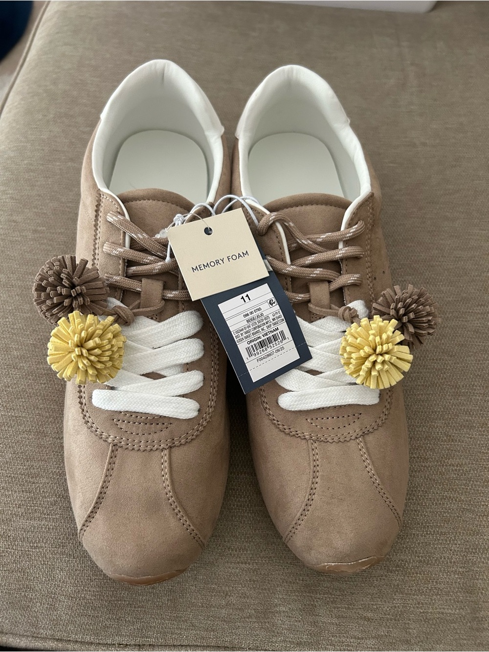Target Taupe Sneakers with White Laces and Yellow & Taupe Pom Poms